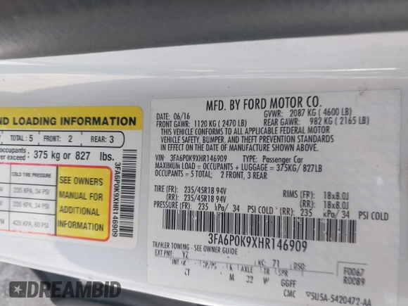 2017 Ford Fusion Titanium с VIN 3FA6P0K9XHR146909, выставлен на аукционе IAAI как лот 42588301 с пробегом 217 885 миль миль и . История ставок и продаж доступна на DreamBid. Изображение 9.