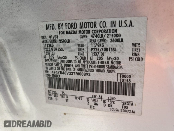 2003 Mazda B-Series 2WD Truck SE with VIN 4F4YR46V33TM08893, listed as a Copart auction lot 50847925 with 127,387 mi miles and Salvage Title. Bid and sale history available at carsss.com. Image 12.