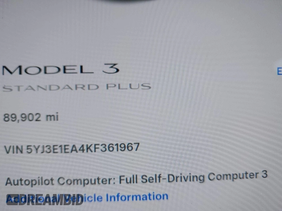 2019 Tesla Model 3 Mid Range z VIN 5YJ3E1EA4KF361967, wystawiony jako IAAI lot #42261724 z przebiegiem 89 902 mil mil oraz . Historia ofert i sprzedaży dostępna na DreamBid. Obrazek 7.