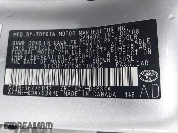 2009 Toyota Corolla with VIN 2T1BU40E69C110005, listed as a IAAI auction lot 41670634 with 191,866 mi miles. Bid and sale history available at carsss.com. Image 9.