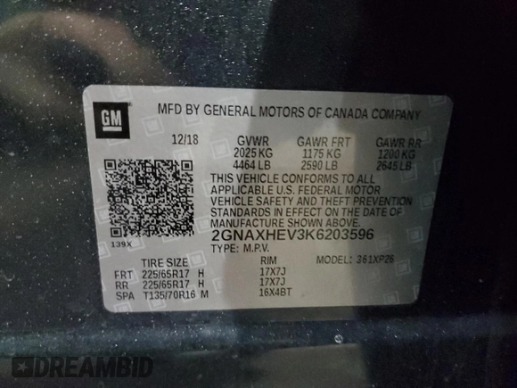 2019 Chevrolet Equinox LS with VIN 2GNAXHEV3K6203596, listed as a Copart auction lot 89193765 with 65,493 mi miles and Clean Title. Bid and sale history available at DreamBid. Image 13.