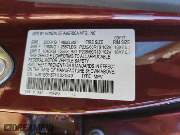 2017 Acura RDX w/Technology Pkg with VIN 5J8TB3H57HL021349, listed as a Copart auction lot 45471785 with 95,708 mi miles and Salvage Title. Bid and sale history available at carsss.com. Image 15.