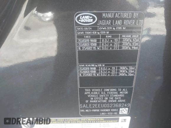 2025 Land Rover Defender X-Dynamic SE with VIN SALE2EEU0S2368249, listed as a IAAI auction lot 42546020 with 5,025 mi miles and . Bid and sale history available at DreamBid. Image 9.