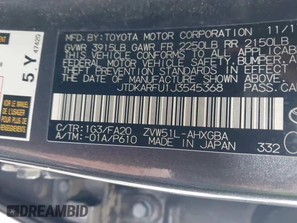 2018 Toyota Prius Two with VIN JTDKARFU1J3545368, listed as a IAAI auction lot 41510475 with 152,233 mi miles. Bid and sale history available at carsss.com. Image 9.