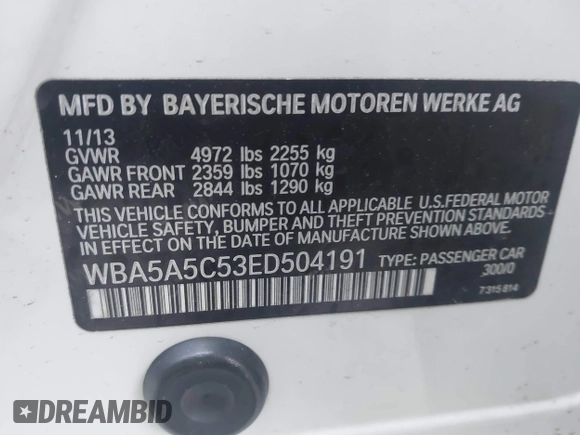 2014 BMW 5 Series 528i with VIN WBA5A5C53ED504191, listed as a IAAI auction lot 41771759 with 91,397 mi miles. Bid and sale history available at carsss.com. Image 9.