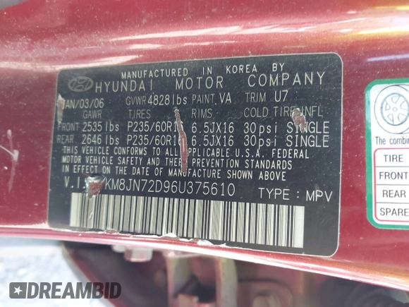 2006 Hyundai Tucson GLS with VIN KM8JN72D96U375610, listed as a IAAI auction lot 42252211 with 167,369 mi miles and . Bid and sale history available at DreamBid. Image 9.