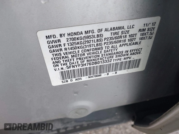 2013 Honda Pilot EX-L with VIN 5FNYF3H76DB013332, listed as a IAAI auction lot 41193240 with 121,308 mi miles and . Bid and sale history available at DreamBid. Image 9.
