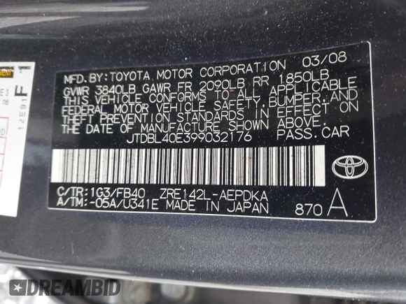 2009 Toyota Corolla with VIN JTDBL40E399032176, listed as a IAAI auction lot 42035968 with 213,062 mi miles. Bid and sale history available at carsss.com. Image 9.