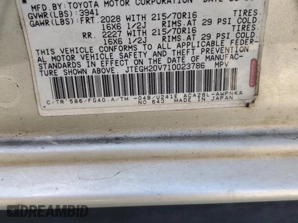 2001 Toyota RAV4 z VIN JTEGH20V710023786, wystawiony jako Copart lot #55419105 z przebiegiem 303 817 mil mil oraz Szkoda całkowita • Salvage title. Historia ofert i sprzedaży dostępna na DreamBid. Obrazek 13.