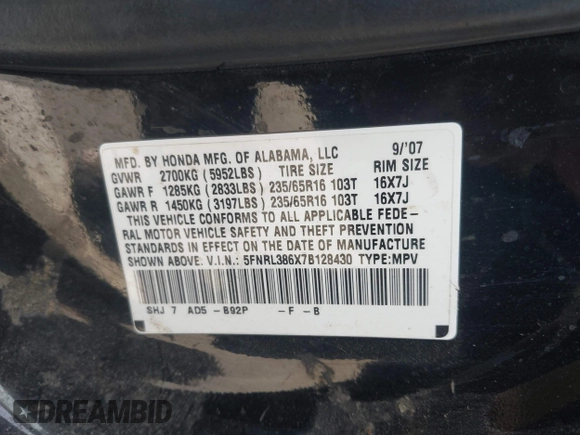 2007 Honda Odyssey EX-L with VIN 5FNRL386X7B128430, listed as a IAAI auction lot 42146089 with 231,059 mi miles and . Bid and sale history available at DreamBid. Image 9.