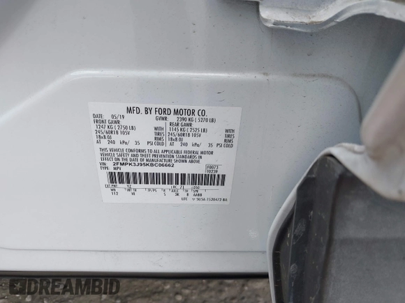 2019 Ford Edge SEL with VIN 2FMPK3J95KBC06662, listed as a IAAI auction lot 41725370 with 80,716 mi miles. Bid and sale history available at carsss.com. Image 9.
