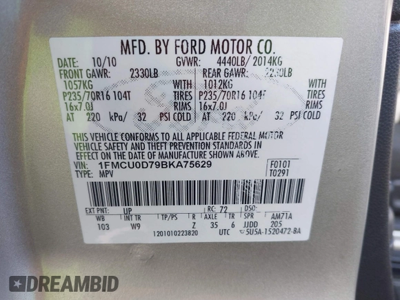 2011 Ford Escape XLT with VIN 1FMCU0D79BKA75629, listed as a IAAI auction lot 41522808 with 189,494 mi miles. Bid and sale history available at carsss.com. Image 9.