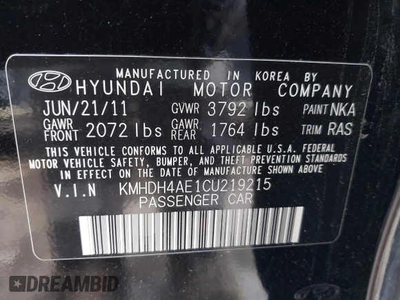 2012 Hyundai Elantra Limited with VIN KMHDH4AE1CU219215, listed as a IAAI auction lot 41956813 with 230,165 mi miles. Bid and sale history available at carsss.com. Image 9.