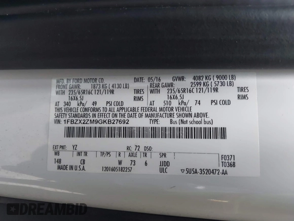 2016 Ford Transit XL с VIN 1FBZX2ZM9GKB27692, выставлен на аукционе IAAI как лот 41235918 с пробегом 145 627 миль миль и . История ставок и продаж доступна на DreamBid. Изображение 9.