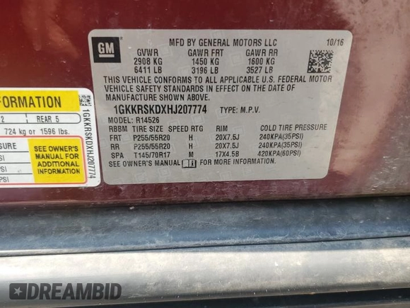2017 GMC Acadia Limited with VIN 1GKKRSKDXHJ207774, listed as a Copart auction lot 60644865 with 134,983 mi miles and Salvage title. Bid and sale history available at DreamBid. Image 13.