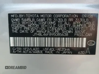 2009 Lexus LS 460 with VIN JTHBL46F895085638, listed as a Copart auction lot 60497755 with 165,748 mi miles and Salvage title. Bid and sale history available at DreamBid. Image 12.