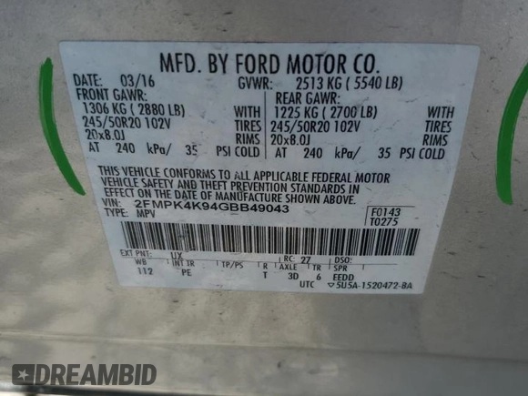 2016 Ford Edge Titanium with VIN 2FMPK4K94GBB49043, listed as a Copart auction lot 44937045 with 95,754 mi miles and Salvage Title. Bid and sale history available at carsss.com. Image 16.