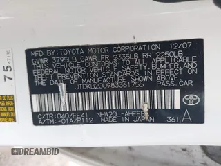 2008 Toyota Prius with VIN JTDKB20U983361755, listed as a IAAI auction lot 42187981 with 220,113 mi miles. Bid and sale history available at carsss.com. Image 9.