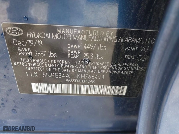 2019 Hyundai Sonata Sport with VIN 5NPE34AF3KH766494, listed as a IAAI auction lot 41677608 with 199,195 mi miles. Bid and sale history available at carsss.com. Image 9.