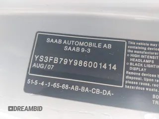2008 Saab 9-3 z VIN YS3FB79Y986001414, wystawiony jako IAAI lot #42467841 z przebiegiem 193 000 mil mil oraz . Historia ofert i sprzedaży dostępna na DreamBid. Obrazek 9.