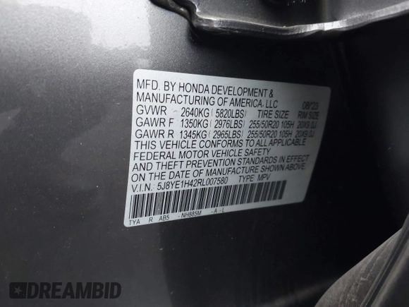 2024 Acura MDX Technology with VIN 5J8YE1H42RL007580, listed as a IAAI auction lot 42554211 with 24,978 mi miles and . Bid and sale history available at DreamBid. Image 9.