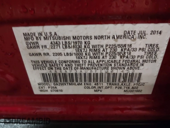 2015 Mitsubishi Outlander Sport ES with VIN 4A4AP3AU8FE001453, listed as a IAAI auction lot 41743424 with 84,528 mi miles. Bid and sale history available at carsss.com. Image 9.