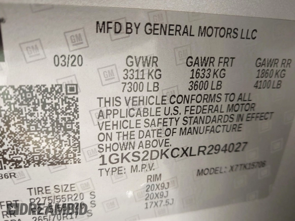 2020 GMC Yukon SLT Standard Edition with VIN 1GKS2DKCXLR294027, listed as a IAAI auction lot 41004965 with 69,161 mi miles. Bid and sale history available at carsss.com. Image 9.