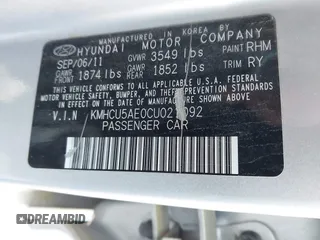 2012 Hyundai Accent SE with VIN KMHCU5AE0CU021092, listed as a IAAI auction lot 41789027 with 137,557 mi miles. Bid and sale history available at carsss.com. Image 9.