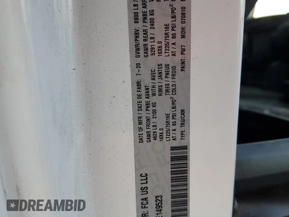 2020 Ram ProMaster Cargo with VIN 3C6TRVDG4LE149523, listed as a Copart auction lot 79050074 with Not Provided miles and Salvage Title. Bid and sale history available at carsss.com. Image 12.