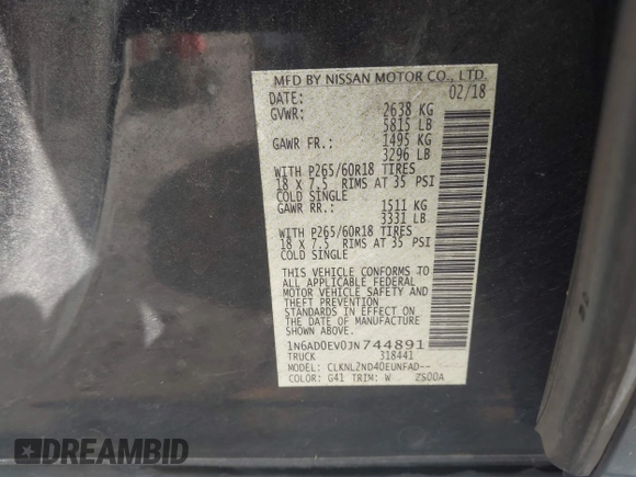 2018 Nissan Frontier SV with VIN 1N6AD0EV0JN744891, listed as a IAAI auction lot 42128481 with 137,412 mi miles and . Bid and sale history available at DreamBid. Image 9.