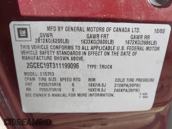 2001 Chevrolet Silverado 1500 LS with VIN 2GCEC19T311199096, listed as a IAAI auction lot 41919758 with 130,632 mi miles. Bid and sale history available at carsss.com. Image 9.