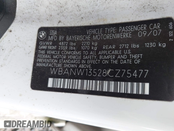 2008 BMW 5 Series 535i with VIN WBANW13528CZ75477, listed as a IAAI auction lot 41803186 with 133,655 mi miles and . Bid and sale history available at carsss.com. Image 9.