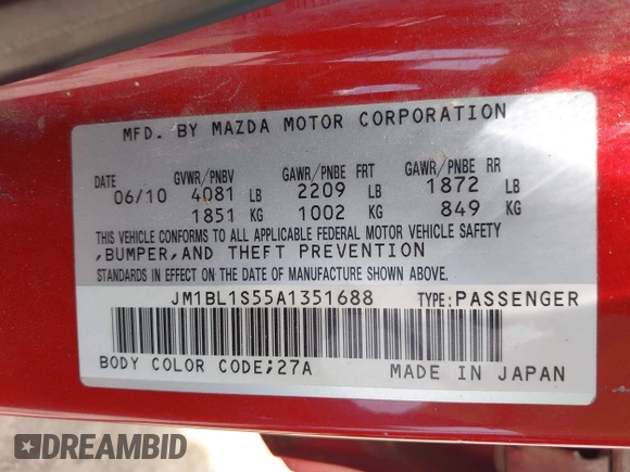 2010 Mazda 3 S Grand Touring with VIN JM1BL1S55A1351688, listed as a IAAI auction lot 42296869 with 291,163 mi miles and . Bid and sale history available at DreamBid. Image 9.