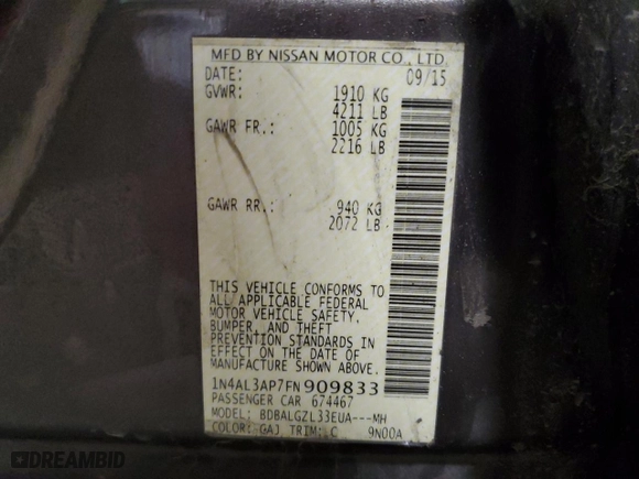 2015 Nissan Altima 2.5 S with VIN 1N4AL3AP7FN909833, listed as a Copart auction lot 50032535 with 119,922 mi miles and Salvage Title. Bid and sale history available at carsss.com. Image 12.