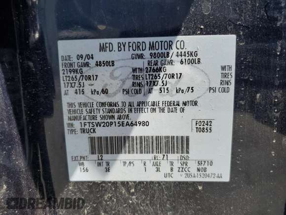2005 Ford F-250 XL with VIN 1FTSW20P15EA64980, listed as a Copart auction lot 55518045 with 111,672 mi miles and Salvage title. Bid and sale history available at DreamBid. Image 13.