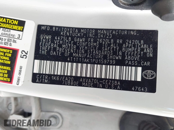 2023 Toyota Camry SE z VIN 4T1T11AK1PU159799, wystawiony jako IAAI lot #42517586 z przebiegiem 51 245 mil mil oraz . Historia ofert i sprzedaży dostępna na DreamBid. Obrazek 9.