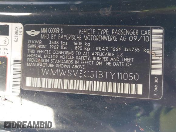 2011 MINI Hardtop S with VIN WMWSV3C51BTY11050, listed as a IAAI auction lot 41981118 with Not provided miles and . Bid and sale history available at DreamBid. Image 9.