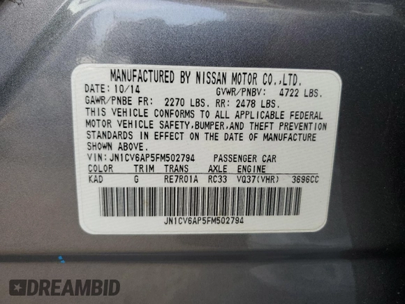 2015 Infiniti Q40 with VIN JN1CV6AP5FM502794, listed as a Copart auction lot 71603064 with 249,874 mi miles and Salvage Title. Bid and sale history available at carsss.com. Image 12.