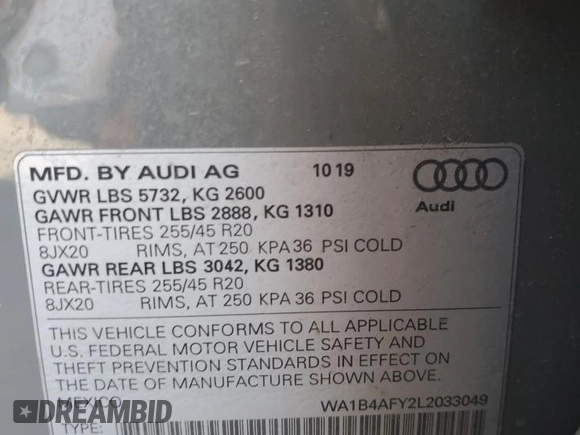 2020 Audi SQ5 Premium Plus with VIN WA1B4AFY2L2033049, listed as a Copart auction lot 57482134 with 44,357 mi miles and Salvage Title. Bid and sale history available at DreamBid. Image 14.