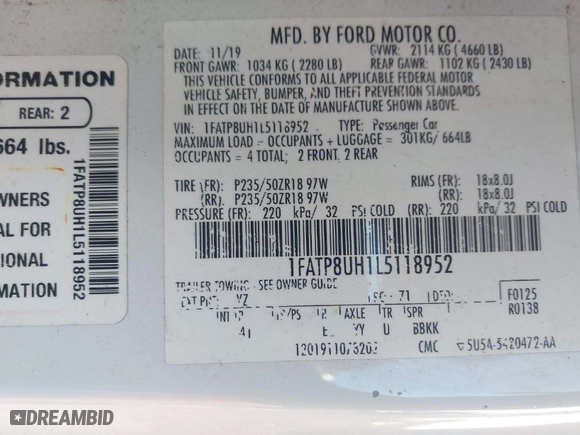 2020 Ford Mustang EcoBoost with VIN 1FATP8UH1L5118952, listed as a IAAI auction lot 40760780 with 79,254 mi miles. Bid and sale history available at carsss.com. Image 9.