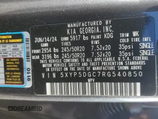 2024 Kia Telluride SX X-Pro z VIN 5XYP5DGC7RG540850, wystawiony jako Copart lot #80583554 z przebiegiem 5 127 mil mil oraz Szkoda całkowita • Salvage title. Historia ofert i sprzedaży dostępna na DreamBid. Obrazek 16.