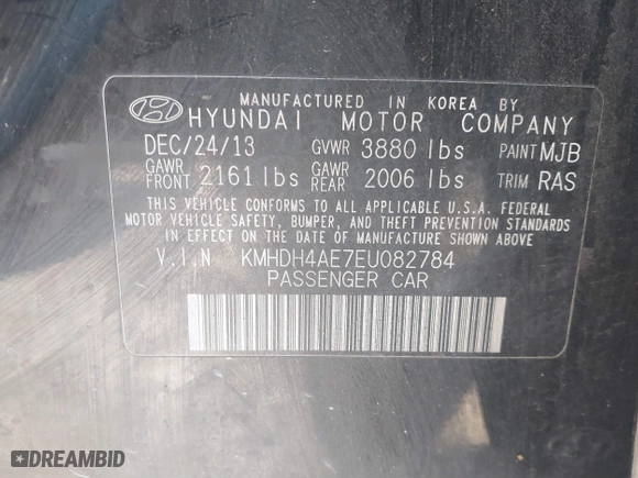 2014 Hyundai Elantra SE with VIN KMHDH4AE7EU082784, listed as a IAAI auction lot 41503767 with 1 mi miles. Bid and sale history available at carsss.com. Image 9.