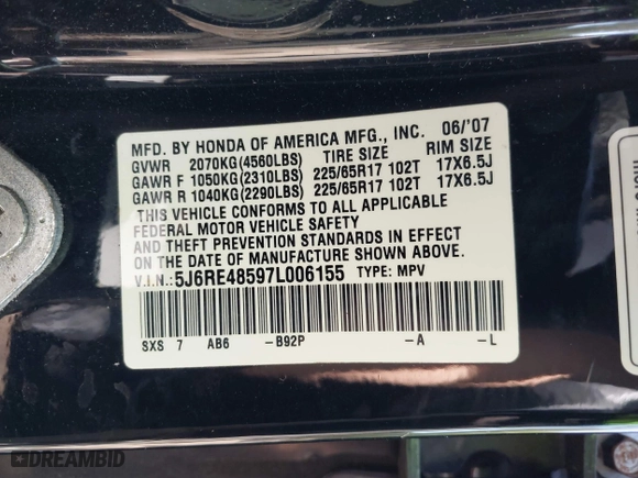 2007 Honda CR-V EX with VIN 5J6RE48597L006155, listed as a IAAI auction lot 42070987 with 257,868 mi miles. Bid and sale history available at carsss.com. Image 9.
