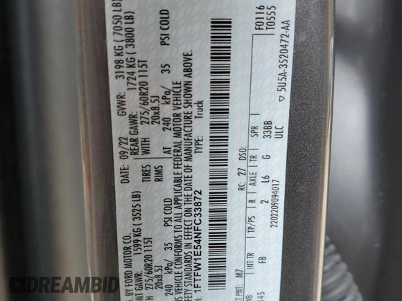 2022 Ford F-150 XL with VIN 1FTFW1E54NFC33872, listed as a Copart auction lot 57719805 with 56,329 mi miles and Salvage title. Bid and sale history available at DreamBid. Image 12.