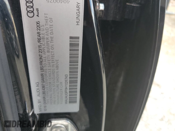 2017 Audi A3 Sedan Premium with VIN WAUAUGFF9H1026743, listed as a Copart auction lot 65727773 with 68,125 mi miles. Bid and sale history available at carsss.com. Image 12.