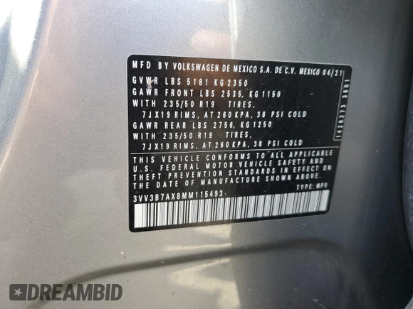 2021 Volkswagen Tiguan SE with VIN 3VV3B7AX8MM115493, listed as a Copart auction lot 71198794 with 34,958 mi miles and Salvage Title. Bid and sale history available at DreamBid. Image 12.