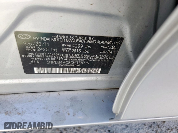 2012 Hyundai Sonata GLS with VIN 5NPEB4AC8CH378719, listed as a Copart auction lot 52988875 with 220,687 mi miles and Salvage Title. Bid and sale history available at carsss.com. Image 13.