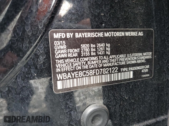 2015 BMW 7 Series 750Li with VIN WBAYE8C58FD782122, listed as a Copart auction lot 86204934 with 139,052 mi miles and Salvage Title. Bid and sale history available at carsss.com. Image 12.
