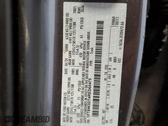 2024 Ford F-350 XL with VIN 1FT8W3DT4RED60475, listed as a Copart auction lot 49405705 with 59,394 mi miles and Salvage Title. Bid and sale history available at DreamBid. Image 12.