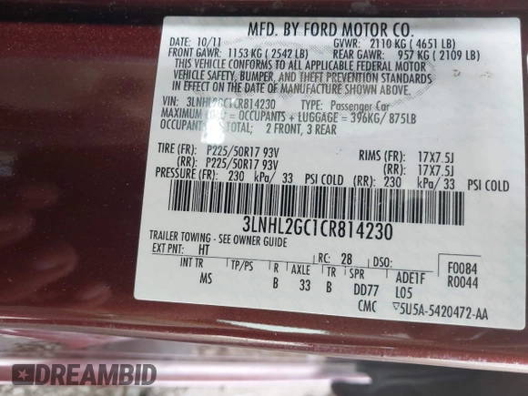 2012 Lincoln MKZ with VIN 3LNHL2GC1CR814230, listed as a IAAI auction lot 42503146 with 116,089 mi miles and . Bid and sale history available at DreamBid. Image 9.